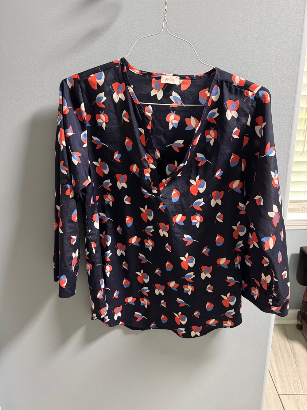 Pixley Navy Red White and Blue Floral Split-Neck Blouse